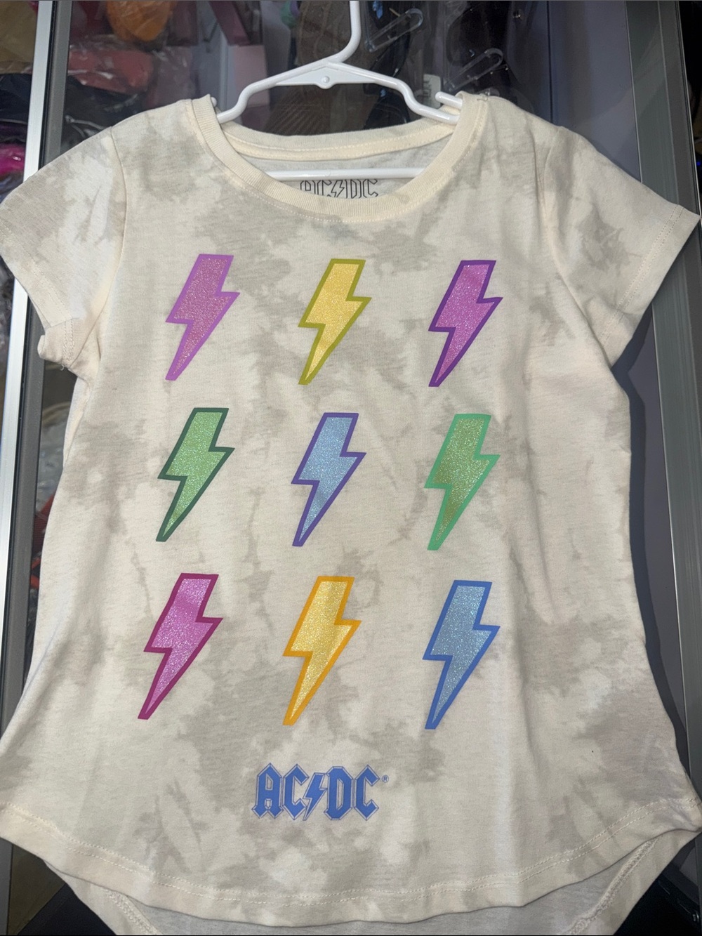 AC/DC Cream Short-Sleeve Tee with Rainbow Lightning Bolts